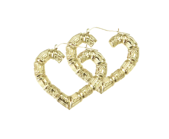 10K Yellow Gold Heart Bamboo Hoop Earrings