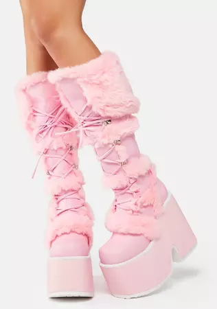 Demonia x Dolls Kill Eskimo-305 Faux Fur Knee High Platform Boots - Light Pink
