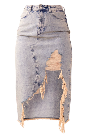 Vintage Mid Wash Denim Ripped Hem Midi Skirt