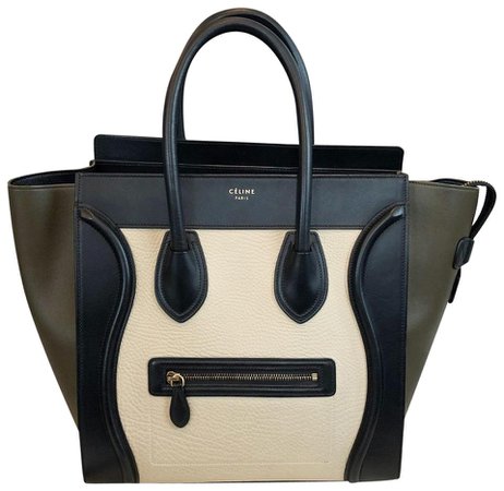 Céline Bag Luggage Tri Color Mini Shopper Bag. Black Khaki Green Leather Tote - Tradesy