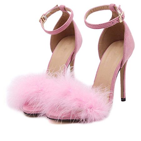 Amazon.com | YIBLBOX Women's Fluffy Feather Open Toe Ankle Strap Strappy Sandal Stiletto Wedding Dress High Heel Shoes | Heeled Sandals