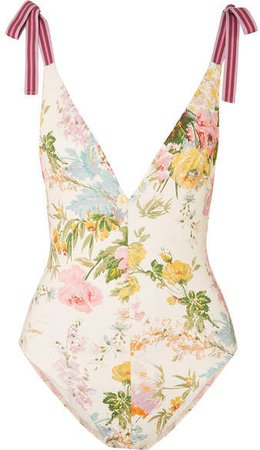 Heathers Grosgrain-trimmed Floral-print Swimsuit - Cream