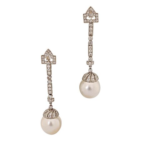 Vintage Estate Platinum, Diamond and South Sea Pearl Art Deco Hanging Earrings For Sale at 1stDibs
