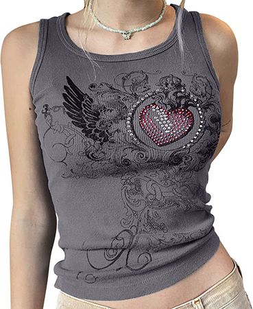 Meladyan Women Heart Rhinestone Graphic Print Sleeveless Crop Tank Ribbed Fairy Grunge 90s E-Girl Goth Vest Shirt Top at Amazon Women’s Clothing store