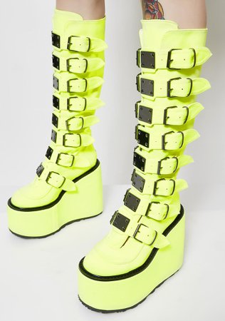 Tongue Twizt | Neon Yellow Platform Boots by Demonia