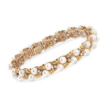 Ross-Simons - C. 1980 Vintage 4.5-5 Cultured Pearl and .25 ct. t.w. Diamond Bracelet in 14kt Yellow Gold. 7" - #903703