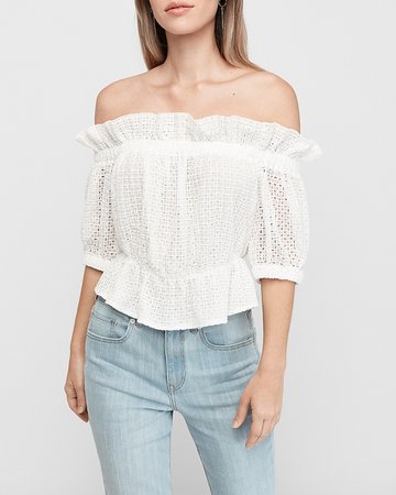 Off The Shoulder Ruffle Eyelet Lace Cropped Top | Express