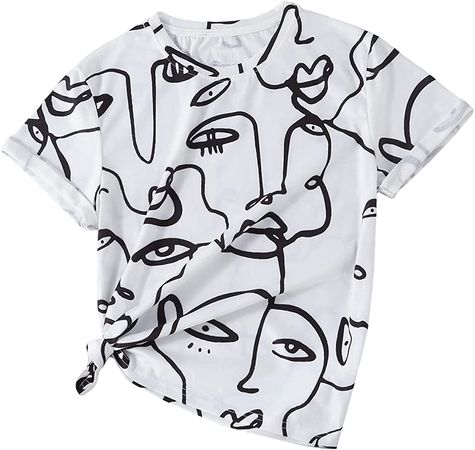 SheIn Women's Short Sleeve Graphic Tee Round Neck Casual Top T Shirts White Figure Medium at Amazon Women’s Clothing store