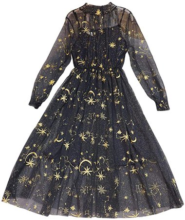 YOUMU Women Summer Chiffon Dress Stars Moon Print Embroidered Skirt Long Puff Sleeve Princess Dress at Amazon Women’s Clothing store