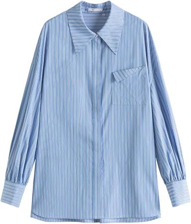 Women's Oversized Blue Striped Casual Blouse Spring Long Sleeve Button Up Shirt Top at Amazon Women’s Clothing store