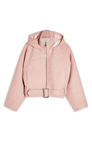 Topshop Miller Wool Blend Hooded Moto Jacket pink