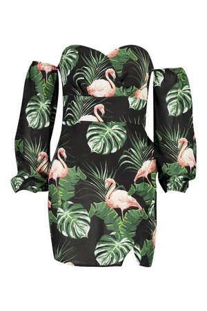 Woven Flamingo Palm Bodycon Dress | Boohoo black