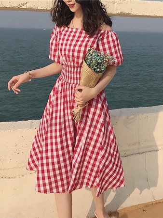 Red White Gingham Dress Off the shoulder