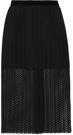 Velvet-trimmed Lace Midi Skirt - Black