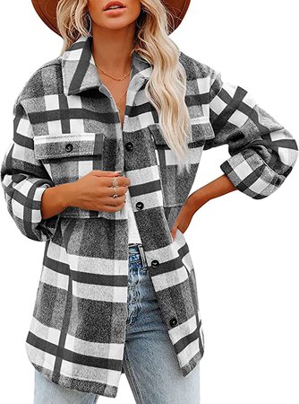 Yeokou Womens Fall Flannel Plaid Shacket Jacket Wool Blend Button Down Shirt Coat Tops(#2 Grey-XL) at Amazon Women’s Clothing store