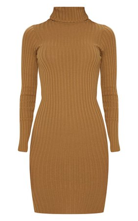 CAMEL RIBBED KNITTED ROLL NECK DRESS