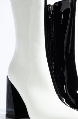 AZALEA WANG Two Toned Faux Leather Square Toe Flare Heel Ankle Bootie in White Black