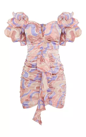 Multi Swirl Print Frill Sleeve V Bar Bodycon Dress | PrettyLittleThing USA