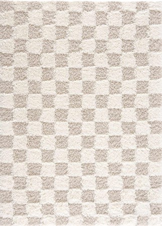 Hauteloom Atira Checkered Shag Area Rug - Checkboard Design - High Pile Fluffy Shaggy Touch - Square Tiles - Kids Room, Nursery, Living Room Shaggy Carpet - Beige, Cream, White - 7'10" X 10'3"