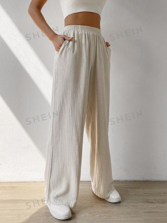 SHEIN EZwear Solid Slant Pocket Linen Wide Leg Pants | SHEIN