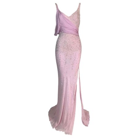 S/S 2005 Atelier Versace Runway Pink Silk Beaded High Slit Gown Dress For Sale at 1stDibs | versace gown, pink versace dress, versace pink dress