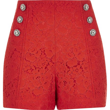 Red lace diamante button shorts | River Island
