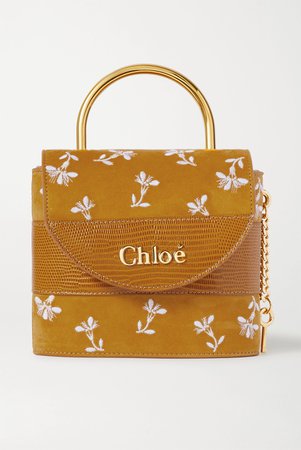 Brown Aby Lock small lizard-effect leather-trimmed embroidered suede shoulder bag | Chloé | NET-A-PORTER