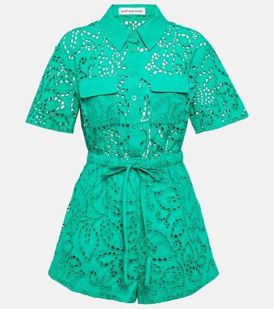 Broderie Anglaise Cotton Playsuit in Green - Self Portrait | Mytheresa