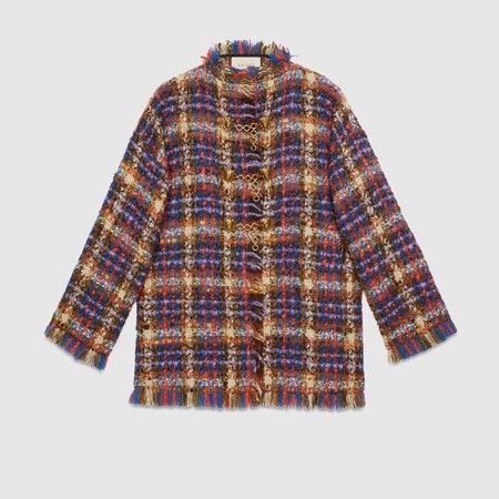 Multicolor Check Tweed Jacket With Lion Head ToGGles | Gucci