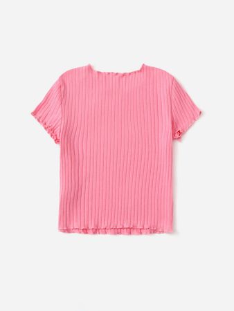 SHEIN Kids EVRYDAY Summer Casual Solid Short Sleeve Ribbed Knit T-Shirt With Lettuce Hem For Tween Girls | SHEIN USA