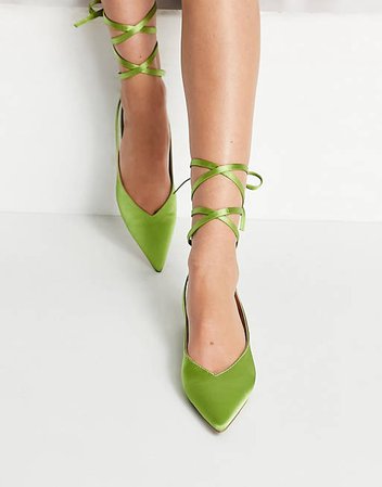 ASOS DESIGN Lucent pointed tie leg ballet flats in green satin | ASOS