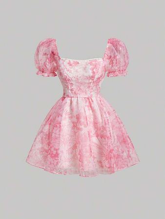 SHEIN MOD Floral Print Puff Sleeve Organza Dress | SHEIN USA