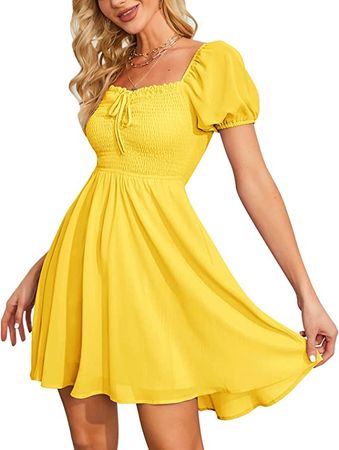 Byinns Women's Sweetheart Neckline Summer Dress Smocked Sundress Puff Short Sleeve Drawstring Dresses Yellow at Amazon Women’s Clothing store