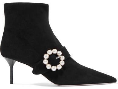 Faux Pearl-embellished Suede Ankle Boots - Black