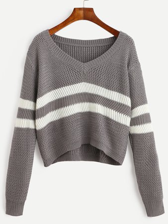 Grey Striped V Neck Crop Sweater