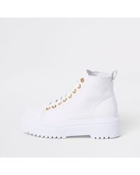 River Island White Chunky Digger Lace Up Boots - Lyst