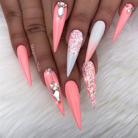 Coral White Ombré Bling Stilettos - Nail Art Gallery