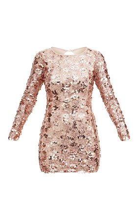 Rose Gold Sequin Front Long Sleeve Back Tie Detail Bodycon Dress | PrettyLittleThing USA