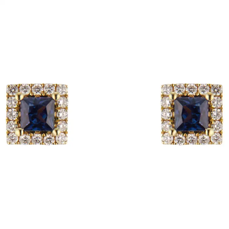 .61 Carat Blue Square Sapphire Diamond Halo Yellow Gold Stud Earrings