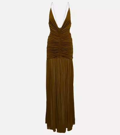 Ruched Deep V Neck Gown in Brown - Saint Laurent | Mytheresa