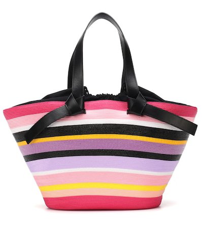 Striped leather-trimmed tote