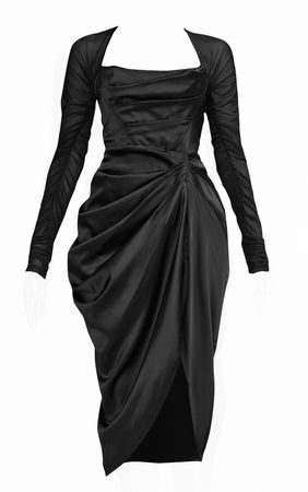 Black Square Neck Ruched Mesh Sleeves Draped Midi Dress | PrettyLittleThing USA