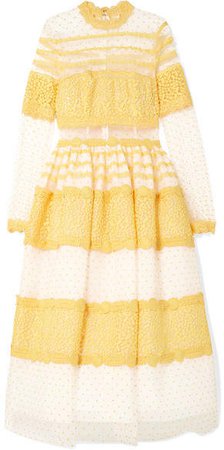 Costarellos - Lace-trimmed Swiss-dot Tulle Midi Dress - Yellow
