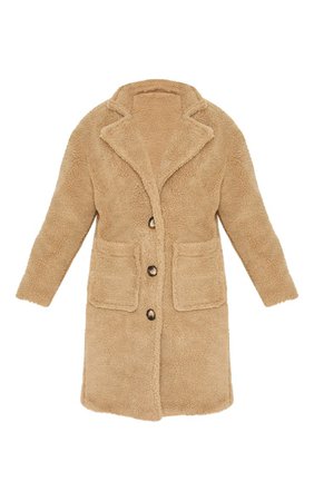 Camel Borg Longline Coat | Coats & Jackets | PrettyLittleThing