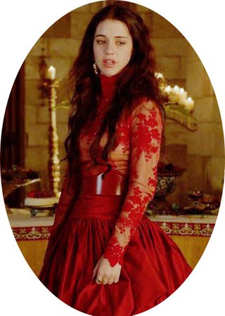 Mary wearing the red lace dress