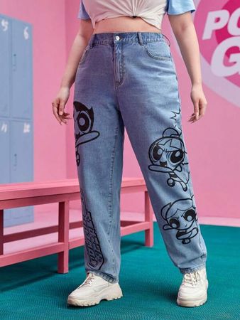 The Powerpuff Girls | ROMWE Plus Cartoon Print Straight Leg Jeans | SHEIN