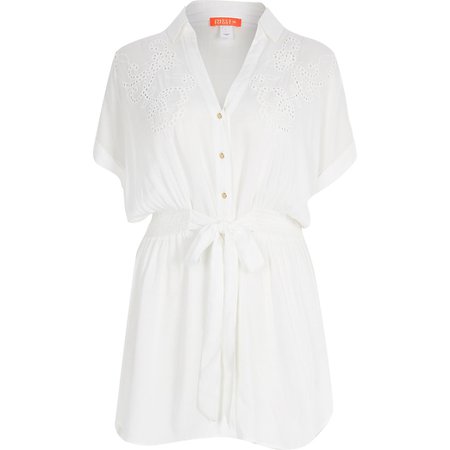 White embroidered tie front shirt beach dress | River Island