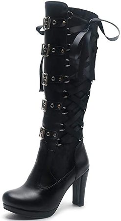 Amazon.com | Vimisaoi Women's Platform Gothic Knee High Boots, Punk Back Zipper Multi-Buckles Block High Heels Knight Combat Boots | Knee-High