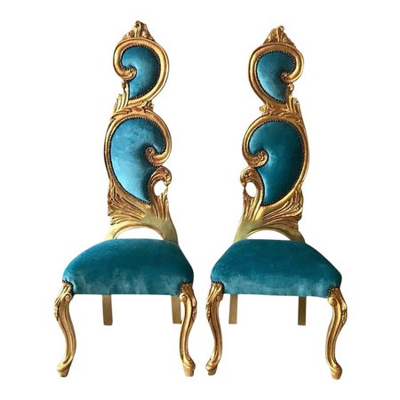French Turqoise Velvet Gold Frame Baroque Chairs - a Pair | Chairish