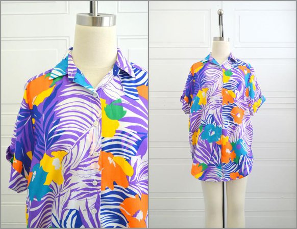 1980s Shapely Tropical Print Blouse | Etsy